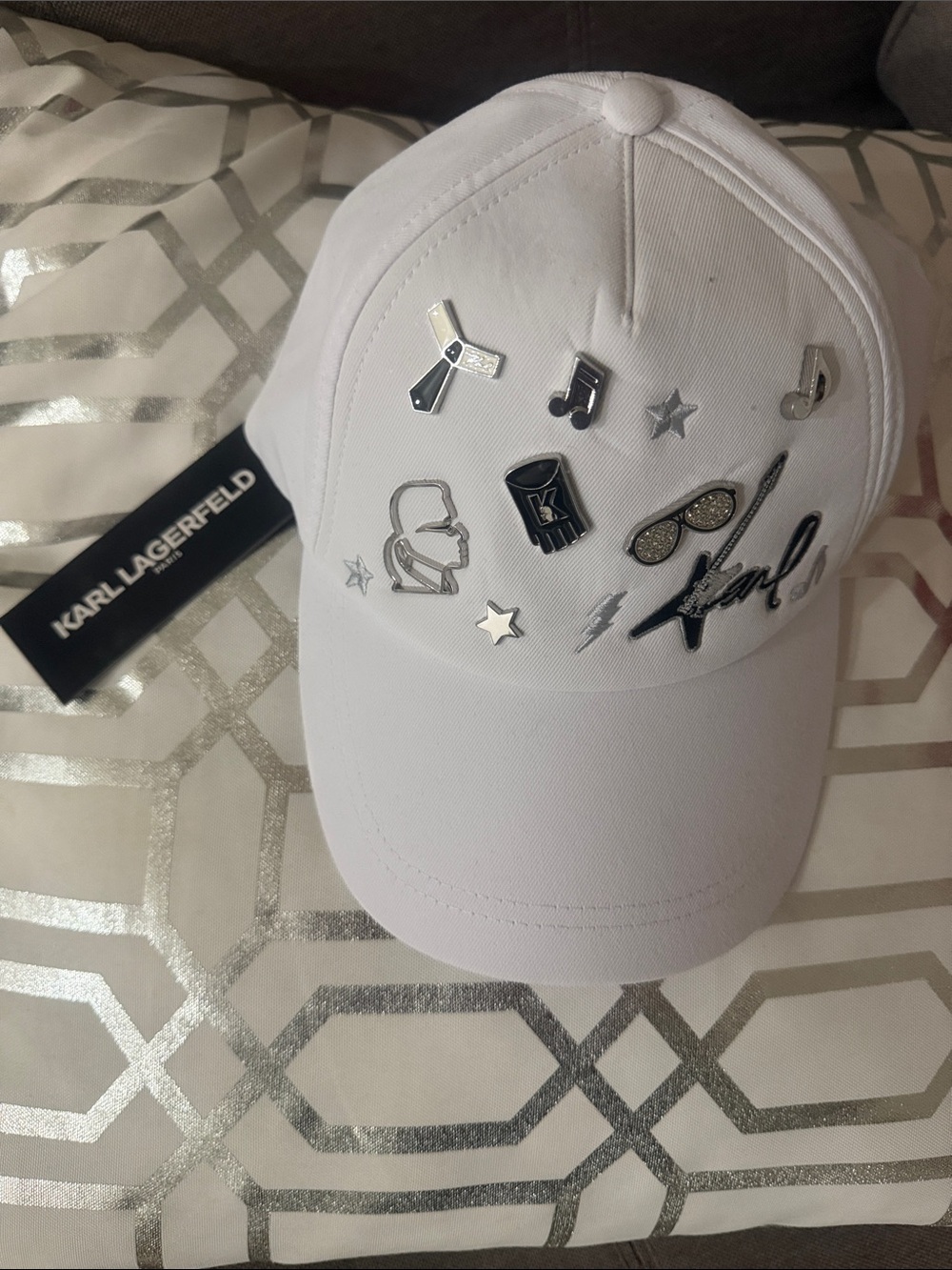 Karl Lagerfeld White Kids Embellished Logo Cap with Silver Accents